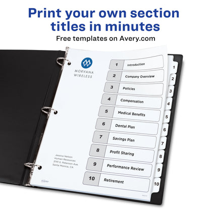 Index 1-10 Binder Dividers White Tab 1 Set