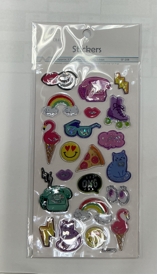 21 ct  poxy Stickers, Retro Vibes  Cute Pop cons, Raised Outline W/ Iridescent Accents, Sheet Size: 6.8" x 3.7”
