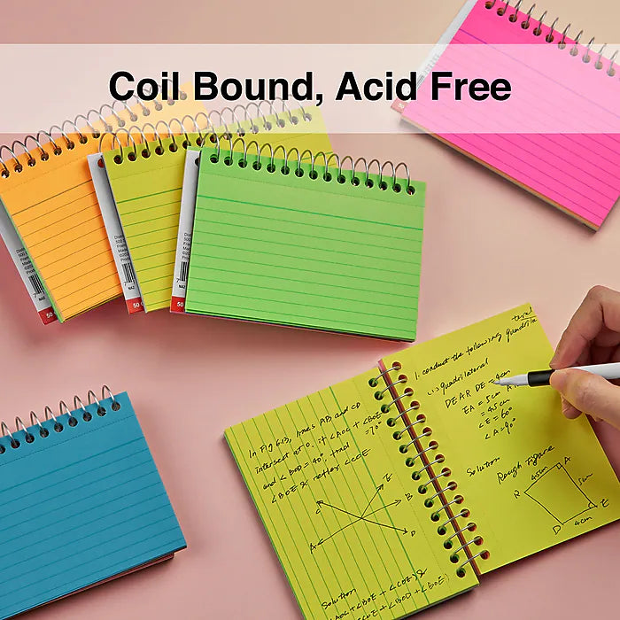 INDEX CARDS SPIRAL BOUND RULED NEON 3" X 5" PQ.50