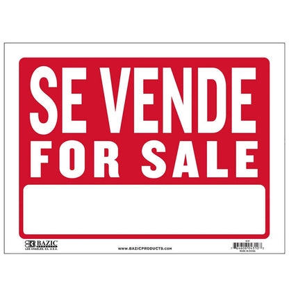 Sign Se Vende/For Sale 9" X 12"