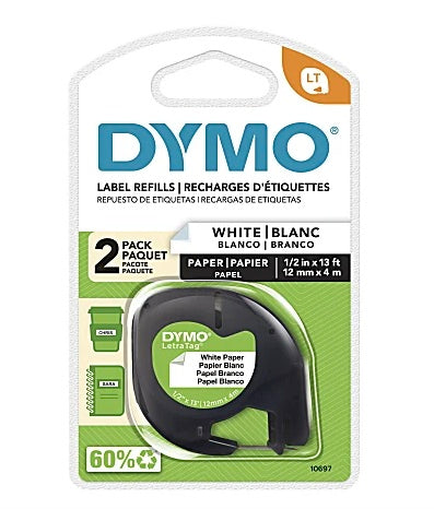 Dymo Black-On-White Tape, 0.5" x 13', Pack Of 2