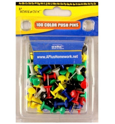 Push Pins - Assorted colors - 100 count - clamshel package.