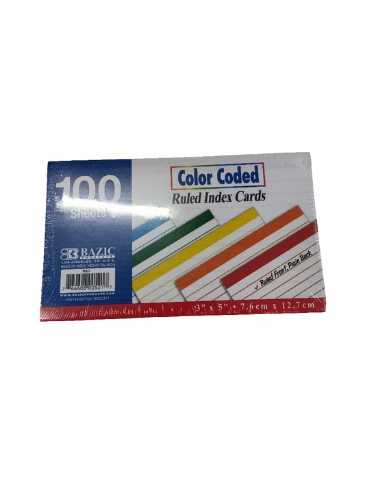 100 CT. 3" X 5" RULED COLOR CODED INDEX CARD
