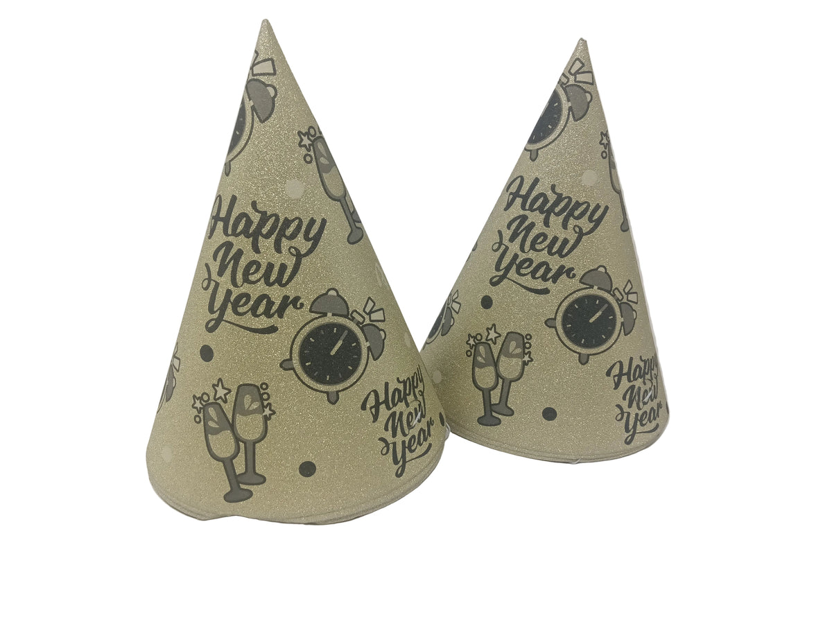 New Year Cone Hat 6pk Glitter Gold