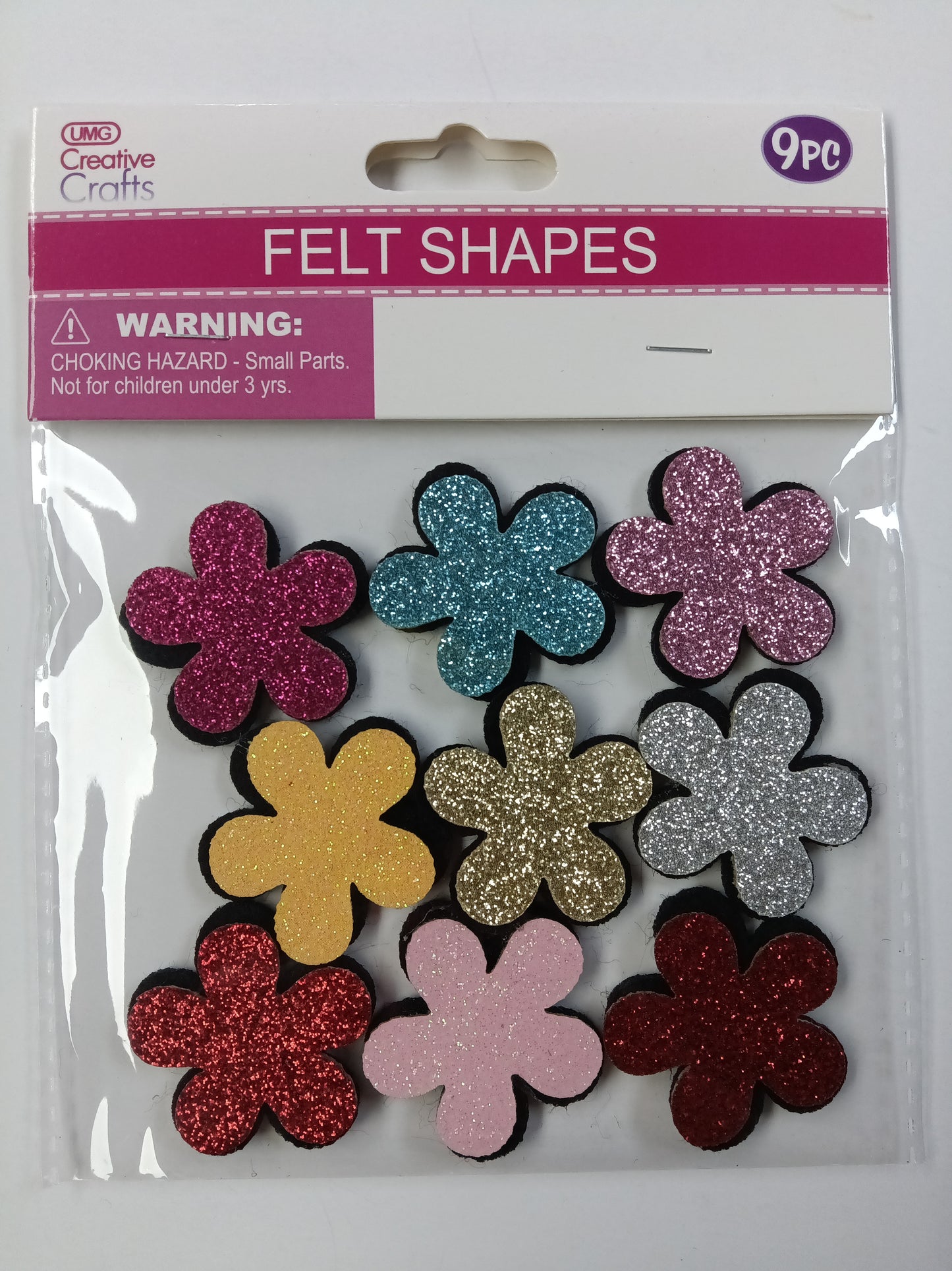 FELT FLOWER GLITTER 9PC 3.5CM