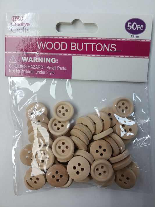 WOOD CRAFT BUTTONS (NAT) 15MM 50PC